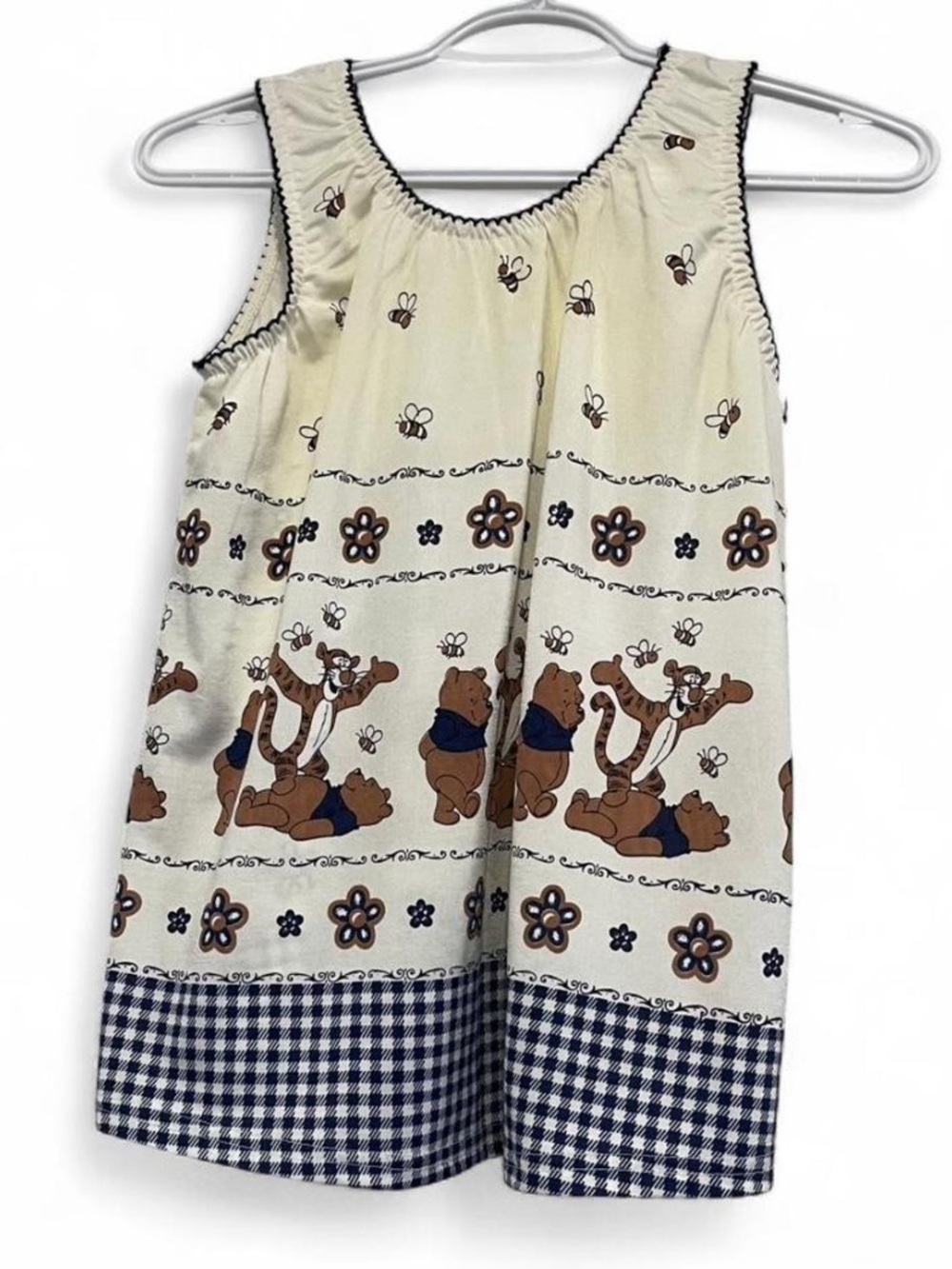 Disney Winnie The Pooh Bear Print Sleeveless Top with Navy Gingham Trim